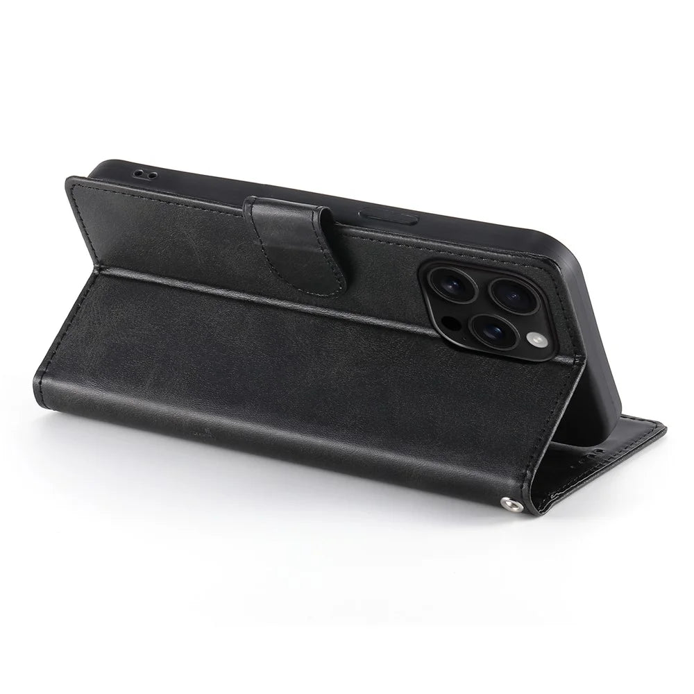 For iPhone 16 Pro Max Case Stand Wallet Calf Texture PU Leather Flip Phone Cover with Wrist Strap - Black - 4