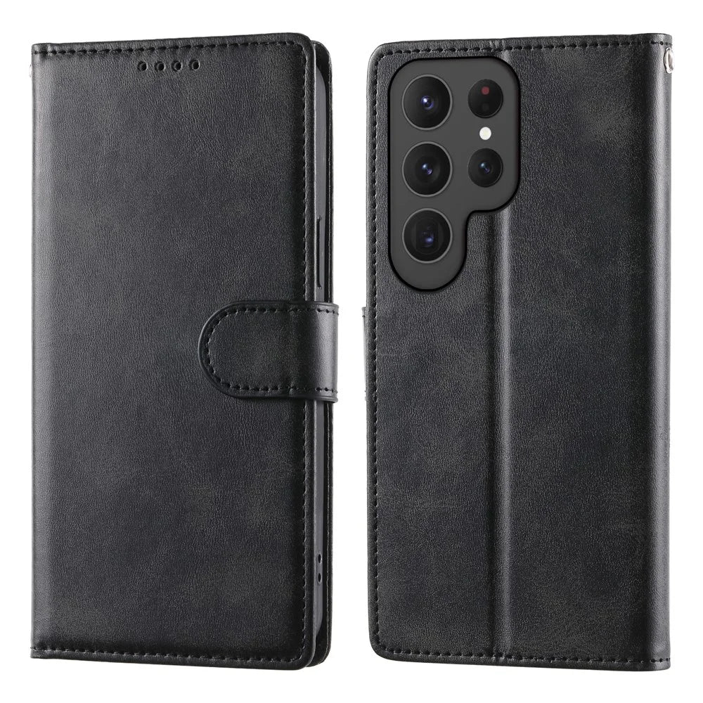 For Samsung Galaxy S25 Ultra Case Stand Wallet Calf Texture PU Leather Flip Phone Cover with Wrist Strap - Black - 1