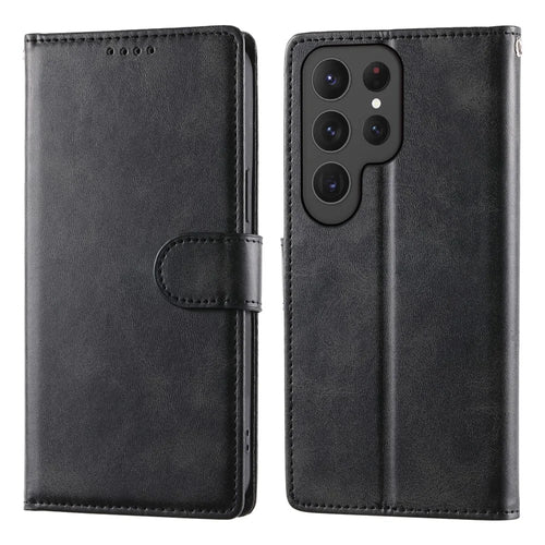 For Samsung Galaxy S25 Ultra Case Stand Wallet Calf Texture PU Leather Flip Phone Cover with Wrist Strap - Black - 1
