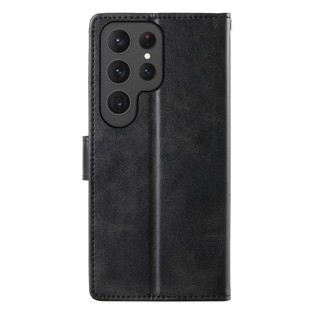 For Samsung Galaxy S25 Ultra Case Stand Wallet Calf Texture PU Leather Flip Phone Cover with Wrist Strap - Black - 6