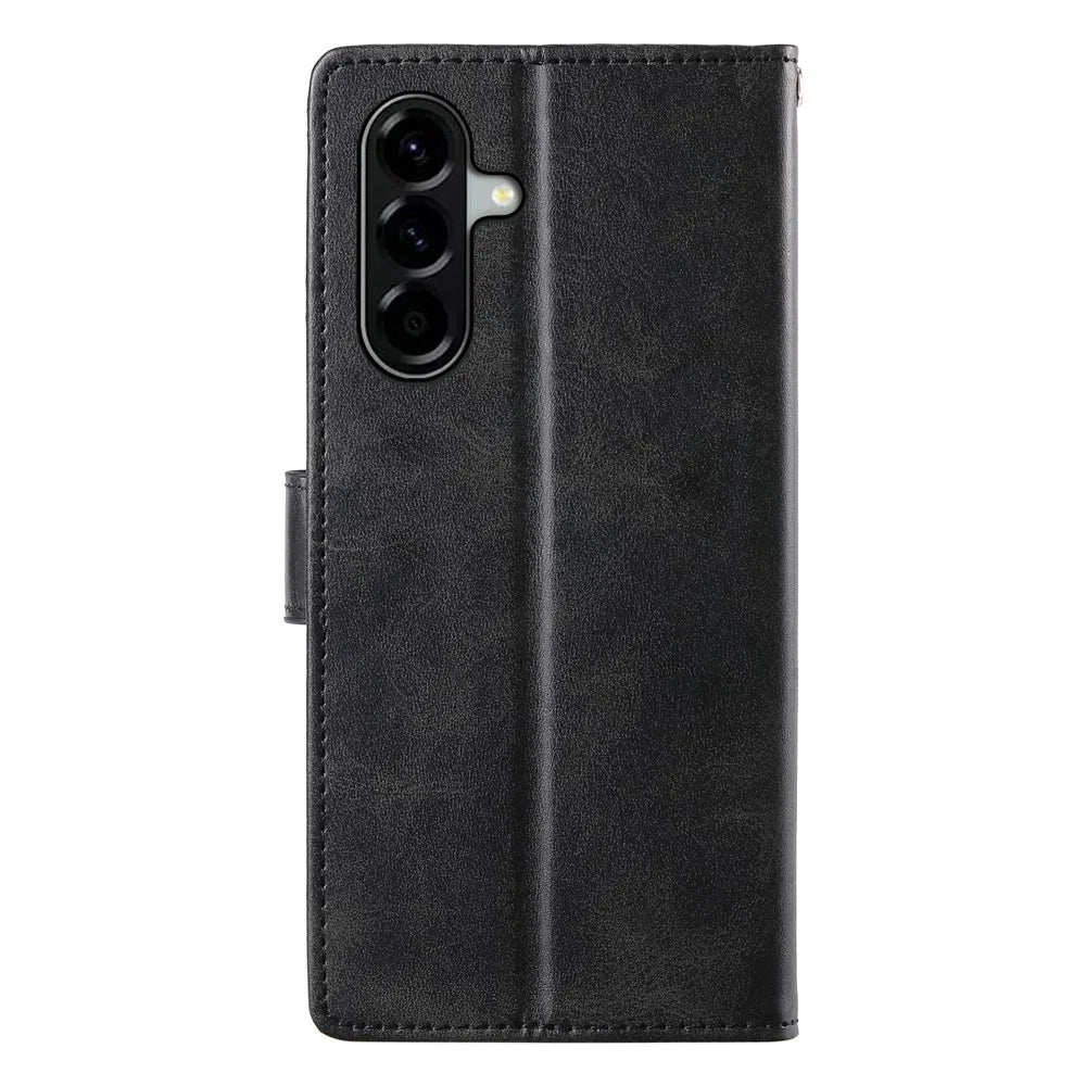 For Samsung Galaxy A56 5G Case Stand Wallet Calf Texture PU Leather Flip Phone Cover with Wrist Strap - Black - 6