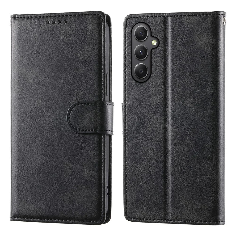 For Samsung Galaxy A35 5G Case Stand Wallet Calf Texture PU Leather Flip Phone Cover with Wrist Strap - Black - 1