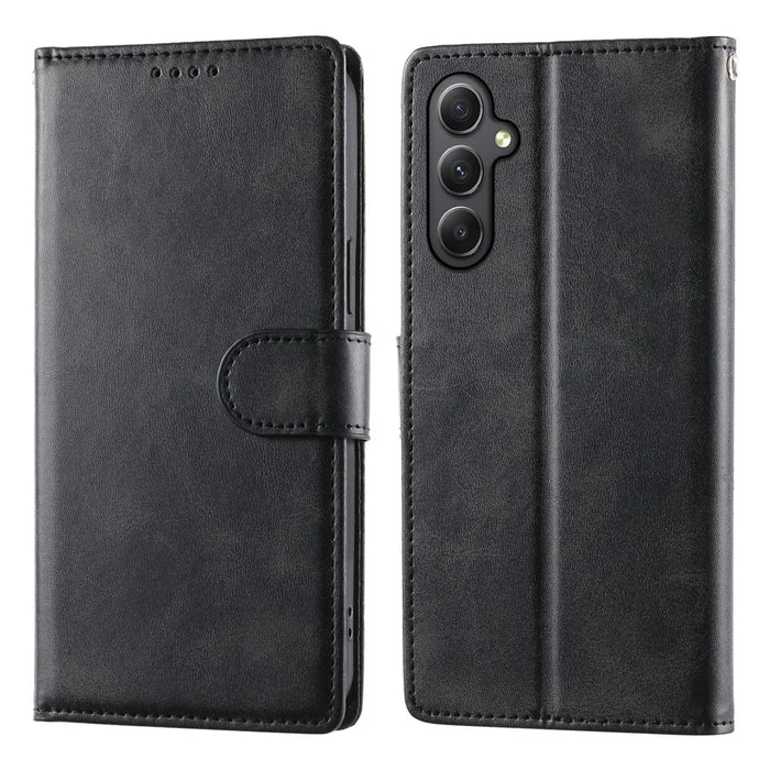For Samsung Galaxy A35 5G Case Stand Wallet Calf Texture PU Leather Flip Phone Cover with Wrist Strap - Black - 1