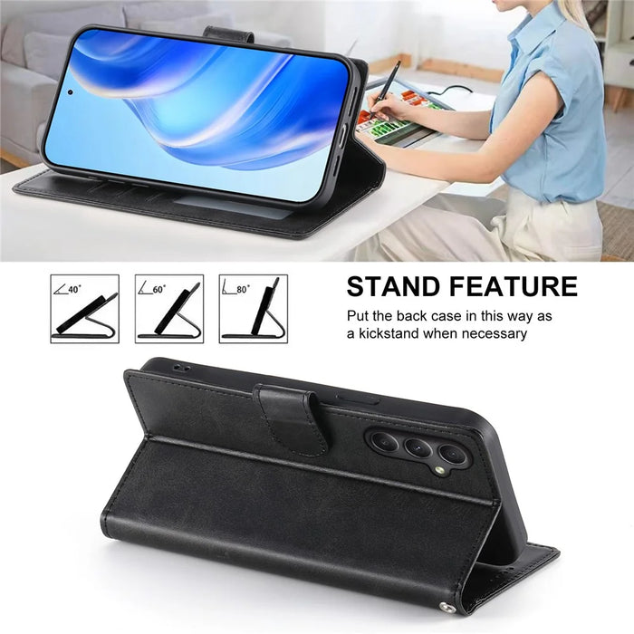 For Samsung Galaxy A35 5G Case Stand Wallet Calf Texture PU Leather Flip Phone Cover with Wrist Strap - Black - 4