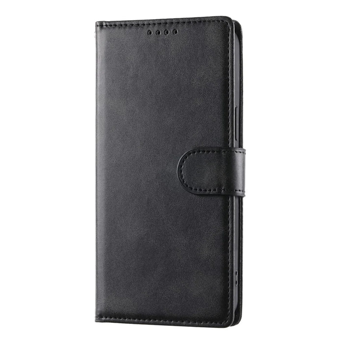 For Samsung Galaxy A35 5G Case Stand Wallet Calf Texture PU Leather Flip Phone Cover with Wrist Strap - Black - 5