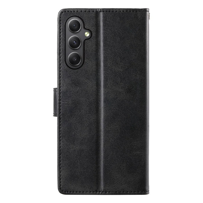 For Samsung Galaxy A35 5G Case Stand Wallet Calf Texture PU Leather Flip Phone Cover with Wrist Strap - Black - 6