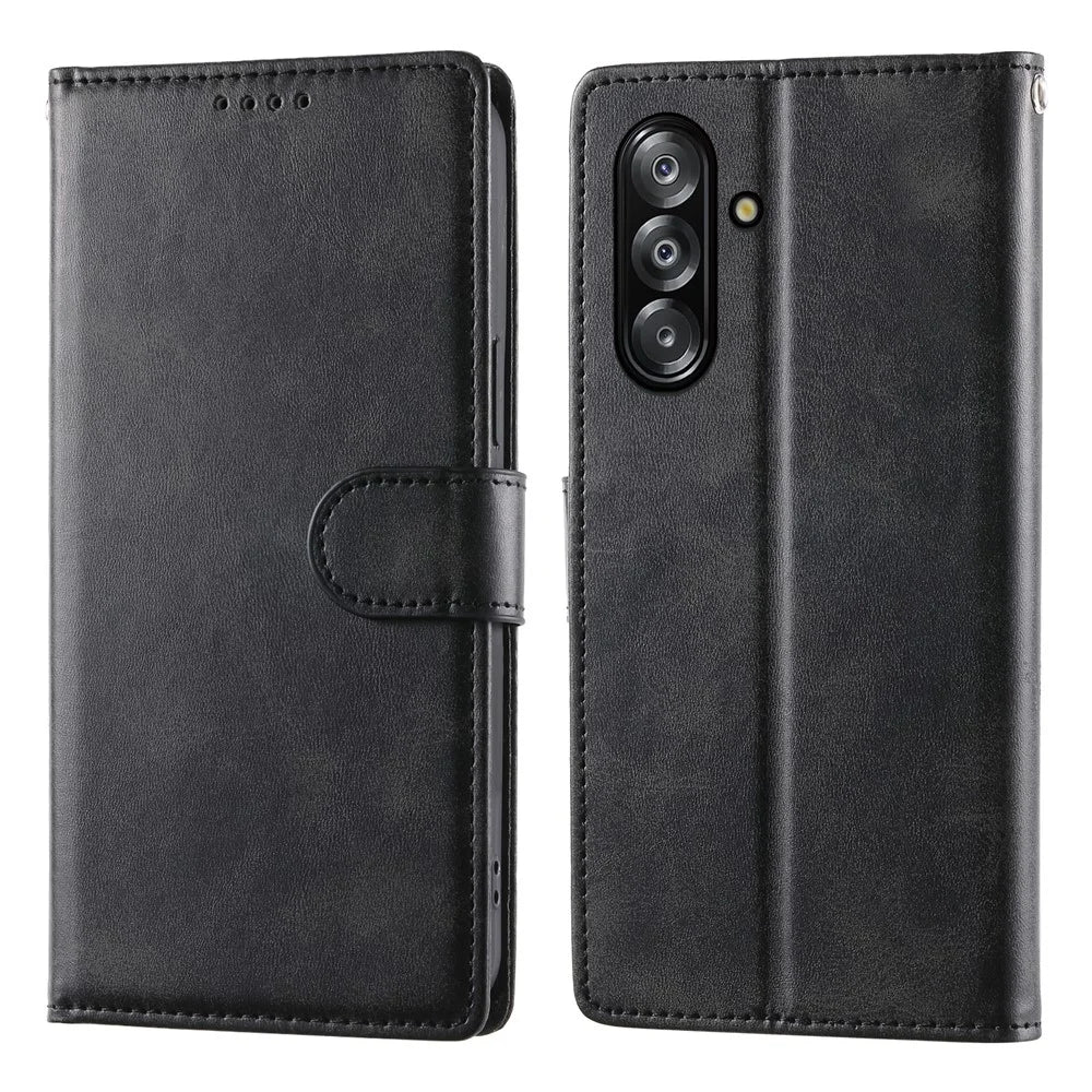 Wallet Case For Samsung Galaxy A18 5G / A18 4G / A17 5G / A17 4G / A26 5G / A16 5G / A16 4G Calf Texture PU Leather Flip Phone Cover with Wrist Strap - Black - 1