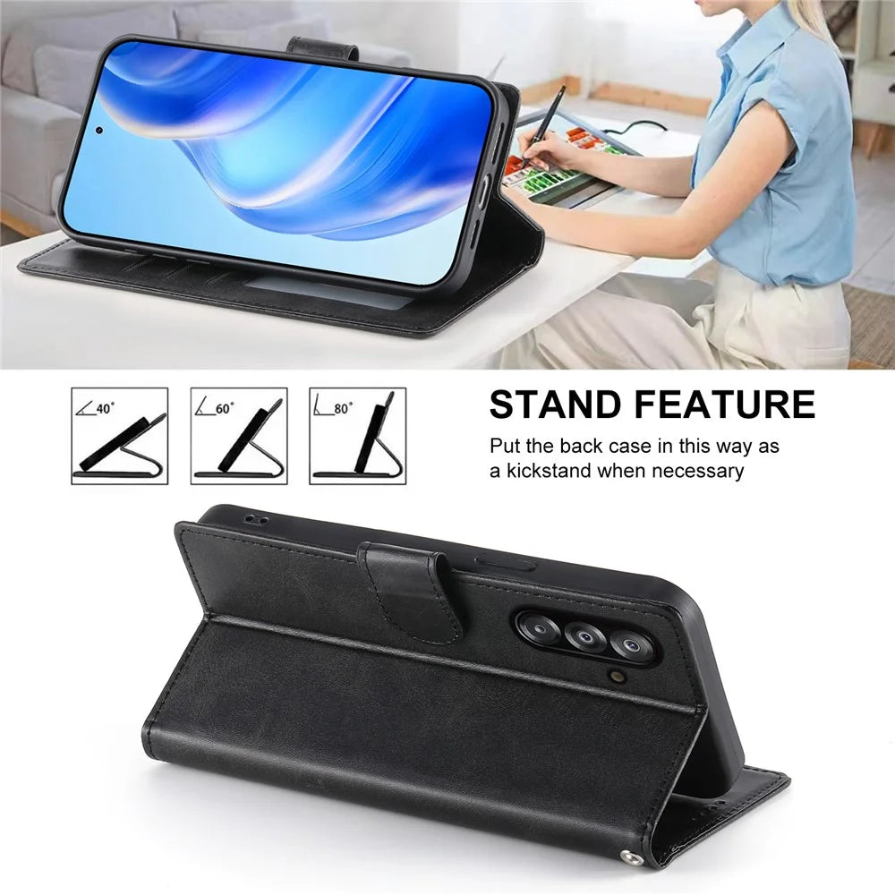 Wallet Case For Samsung Galaxy A18 5G / A18 4G / A17 5G / A17 4G / A26 5G / A16 5G / A16 4G Calf Texture PU Leather Flip Phone Cover with Wrist Strap - Black - 4