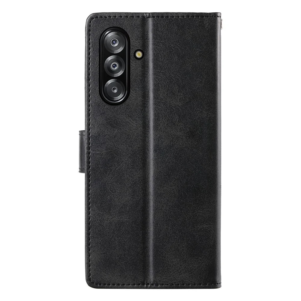 Wallet Case For Samsung Galaxy A18 5G / A18 4G / A17 5G / A17 4G / A26 5G / A16 5G / A16 4G Calf Texture PU Leather Flip Phone Cover with Wrist Strap - Black - 6