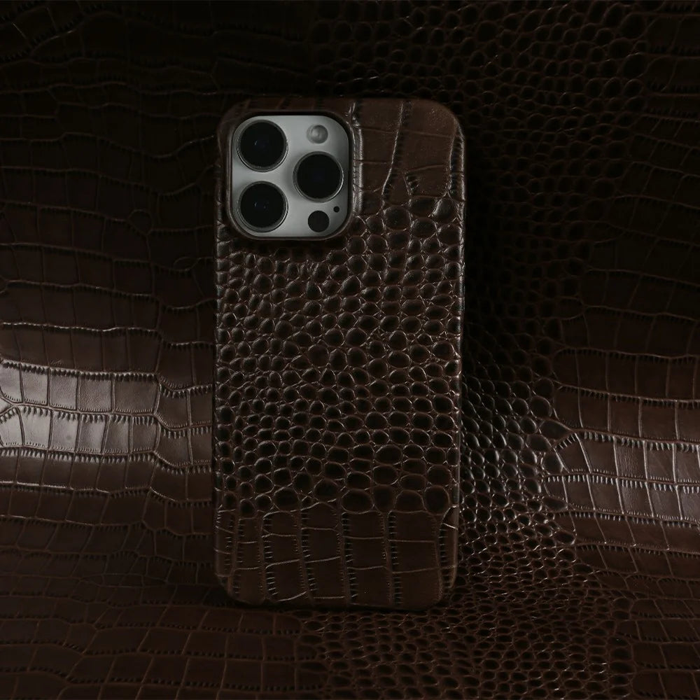 For iPhone 16 Pro Max Case Crocodile Texture Genuine Cow Leather Coated PC Phone Cover - Coffee - 2