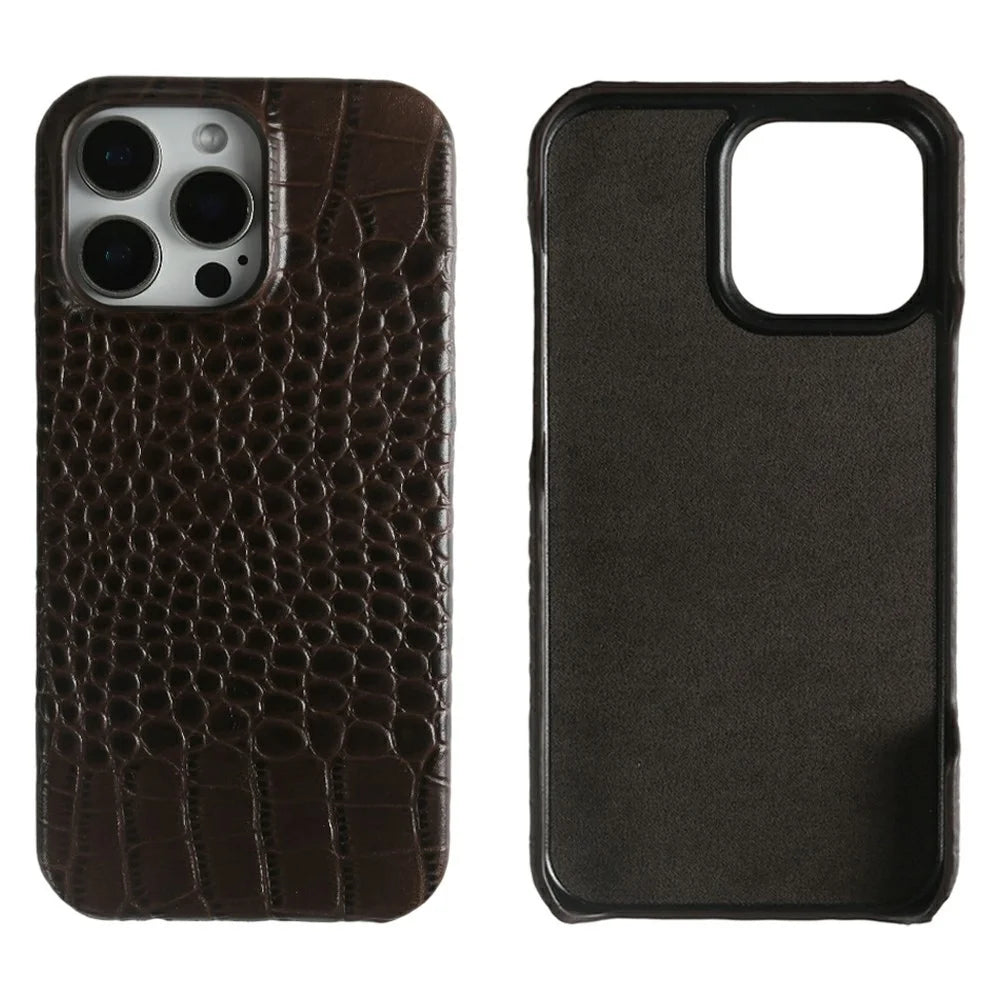 For iPhone 16 Pro Case Crocodile Texture Genuine Cow Leather Coated PC Phone Cover - Coffee - 1