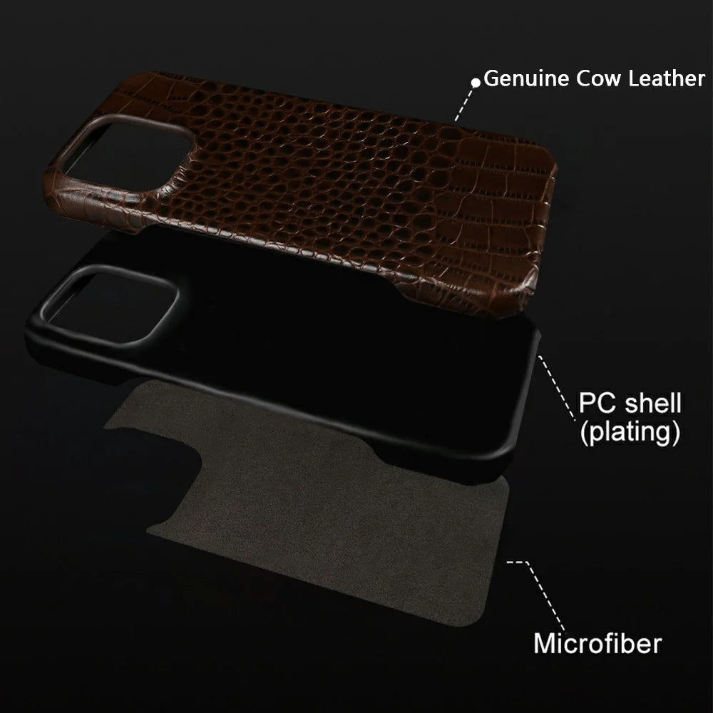 For iPhone 15 Pro Max Case Crocodile Texture Genuine Cow Leather Coated PC Phone Cover - Coffee - 3