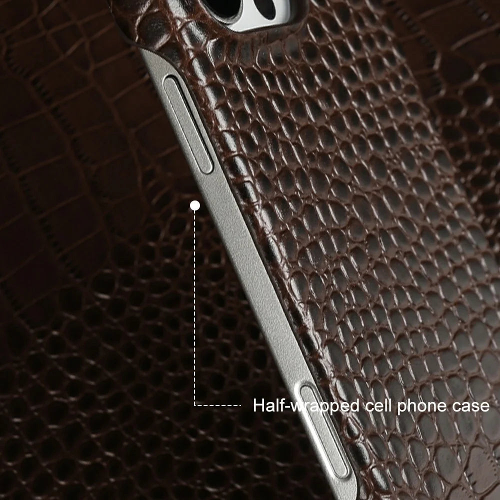 For iPhone 15 Pro Max Case Crocodile Texture Genuine Cow Leather Coated PC Phone Cover - Coffee - 4