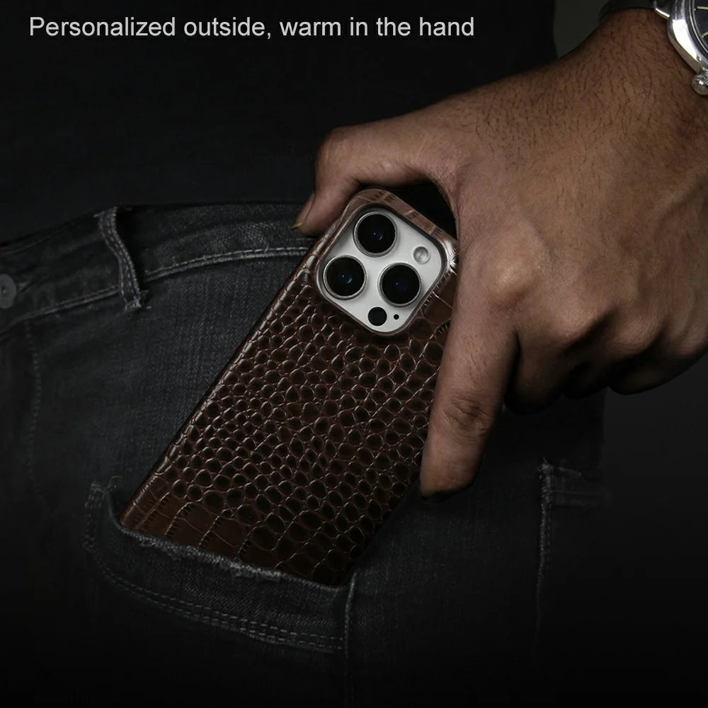 For iPhone 15 Pro Max Case Crocodile Texture Genuine Cow Leather Coated PC Phone Cover - Coffee - 5