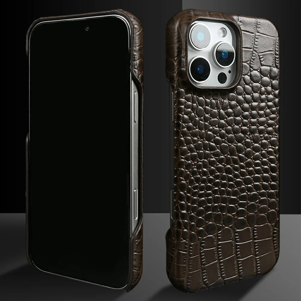 For iPhone 15 Pro Max Case Crocodile Texture Genuine Cow Leather Coated PC Phone Cover - Coffee - 6