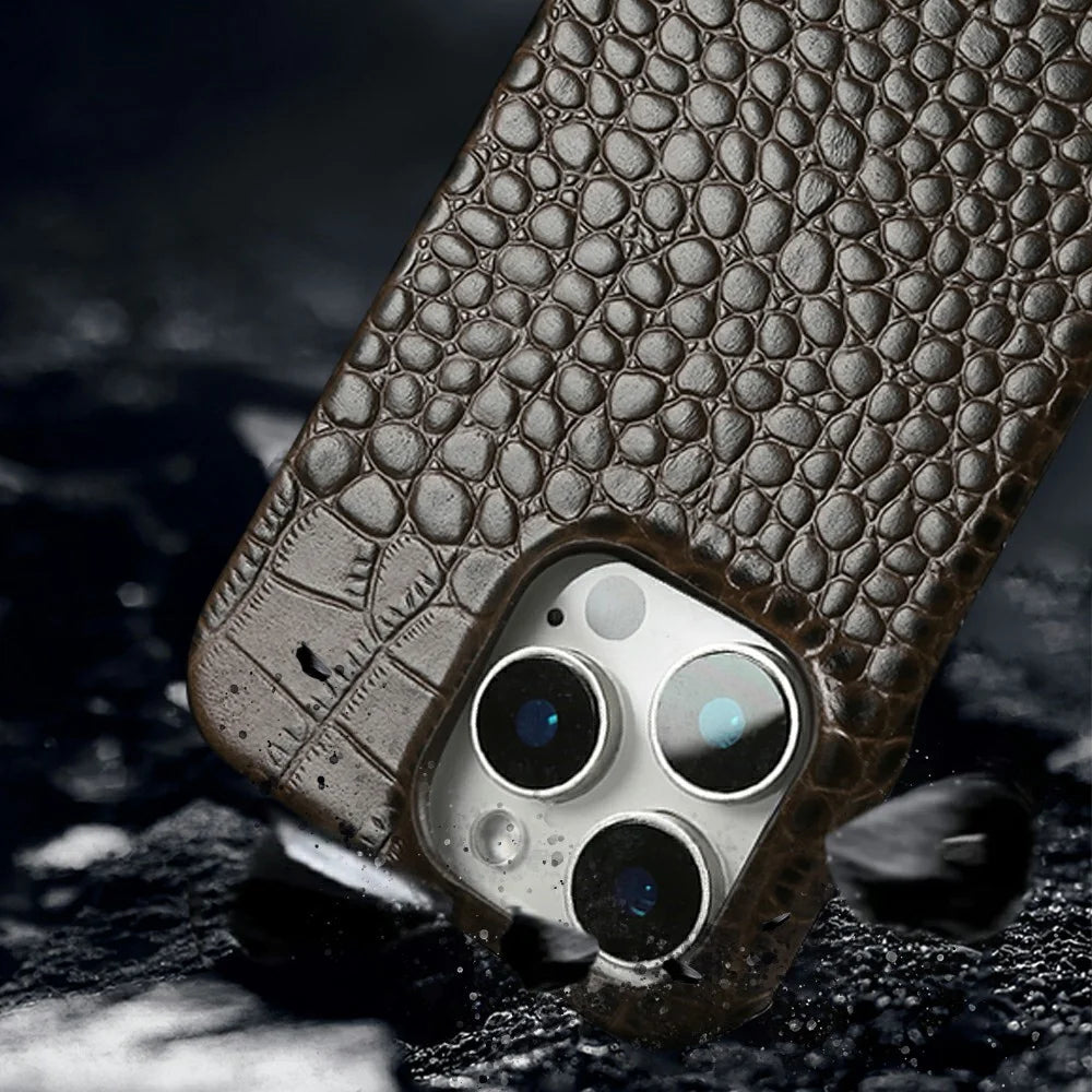 For iPhone 15 Pro Max Case Crocodile Texture Genuine Cow Leather Coated PC Phone Cover - Coffee - 7