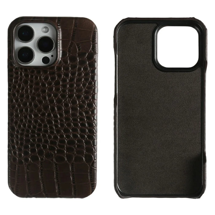 For iPhone 15 Pro Case Crocodile Texture Genuine Cow Leather Coated PC Phone Cover - Coffee - 1