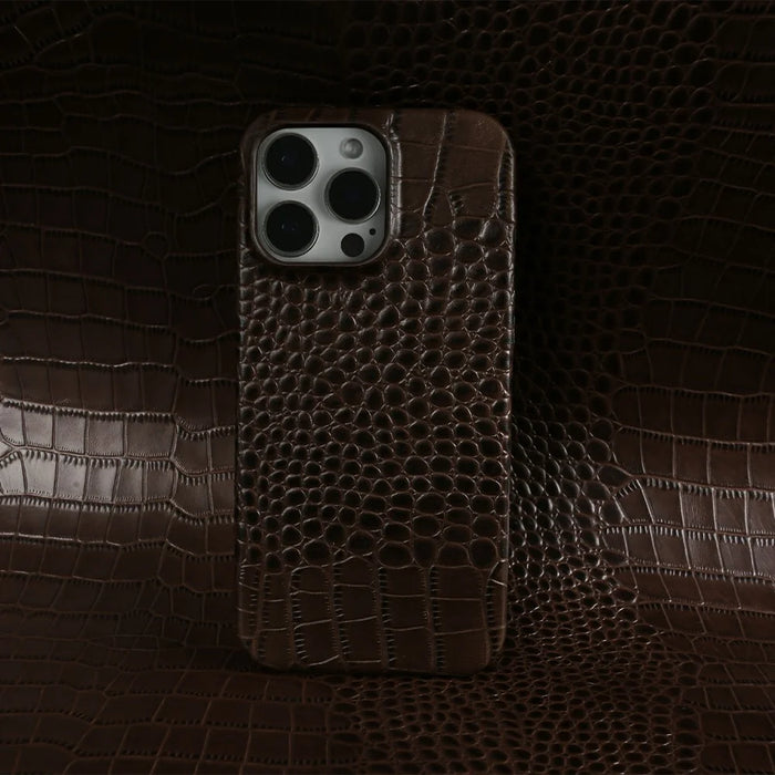 For iPhone 15 Pro Case Crocodile Texture Genuine Cow Leather Coated PC Phone Cover - Coffee - 2
