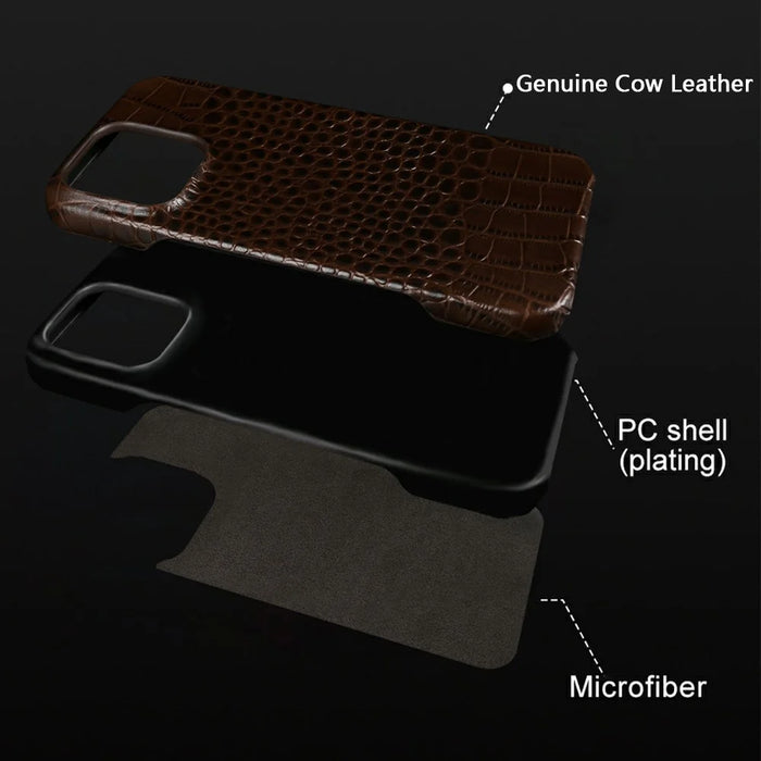 For iPhone 15 Pro Case Crocodile Texture Genuine Cow Leather Coated PC Phone Cover - Coffee - 3