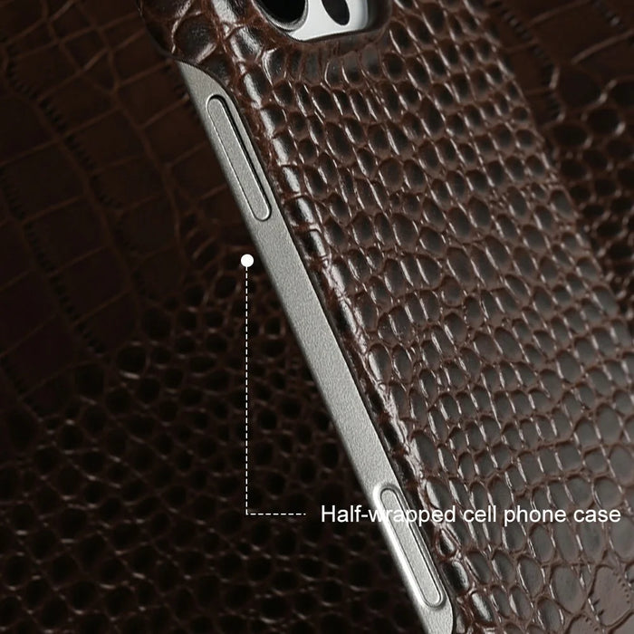 For iPhone 15 Pro Case Crocodile Texture Genuine Cow Leather Coated PC Phone Cover - Coffee - 4