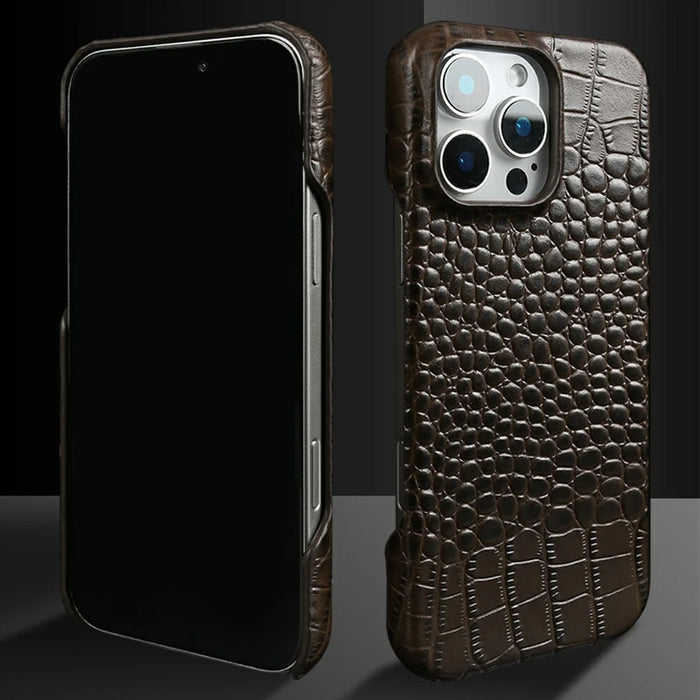 For iPhone 15 Pro Case Crocodile Texture Genuine Cow Leather Coated PC Phone Cover - Coffee - 6
