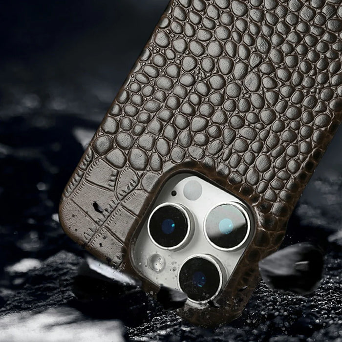For iPhone 15 Pro Case Crocodile Texture Genuine Cow Leather Coated PC Phone Cover - Coffee - 7