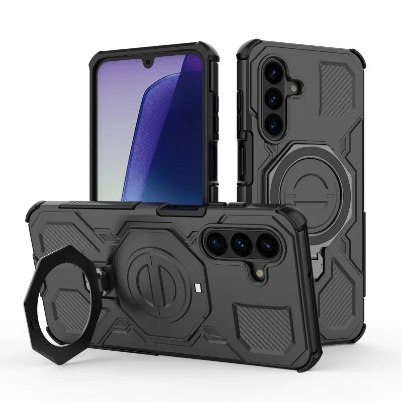 WANLONFENG For Samsung Galaxy A17 4G / Galaxy A17 5G Case Kickstand with 2Pcs Screen Film  KJ Series PC TPU Phone Cover (Big Lens Hole) - Black - 4