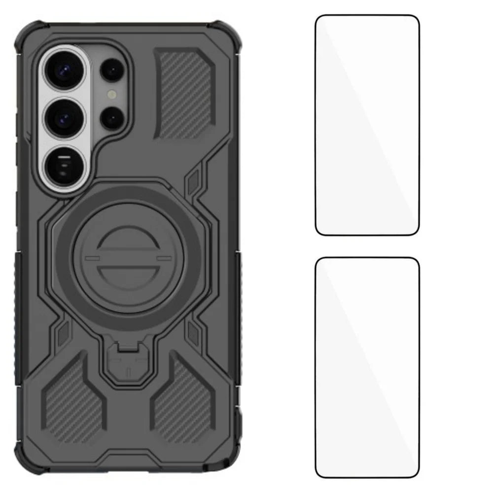 WANLONFENG For Samsung Galaxy S26 Ultra Case Kickstand with 2Pcs Screen Film  KJ Series PC TPU Phone Cover (Big Lens Hole) - Black - 1