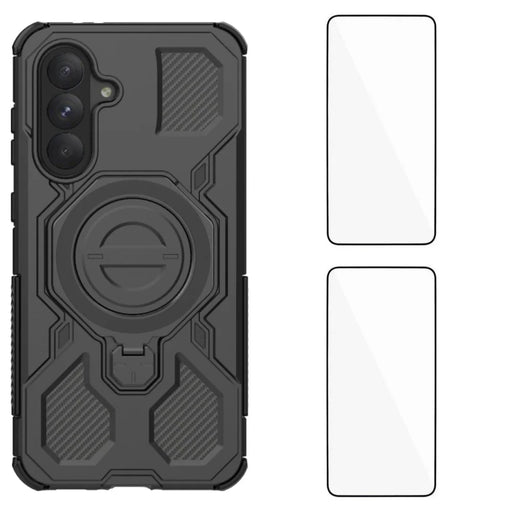 WANLONFENG For Samsung Galaxy A26 5G Case Kickstand with 2Pcs Screen Film  KJ Series PC TPU Phone Cover (Big Lens Hole) - Black - 1