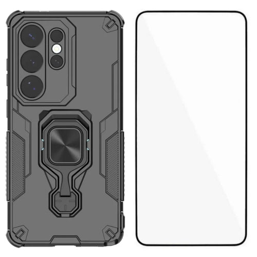 WANLONFENG For Samsung Galaxy S26 Ultra Phone Case  PC TPU Back Cover Kickstand with Tempered Glass - Black - 1