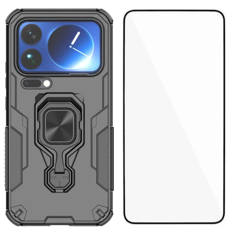WANLONFENG For Xiaomi 17 Pro Max Phone Case  PC TPU Back Cover Kickstand with Tempered Glass - Black - 1