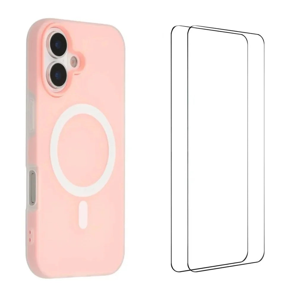 WANLONFENG For iPhone 16 Magnetic Case  ML Series Matte PC TPU Phone Cover Large Cutouts with 2Pcs Screen Film - Pink - 1