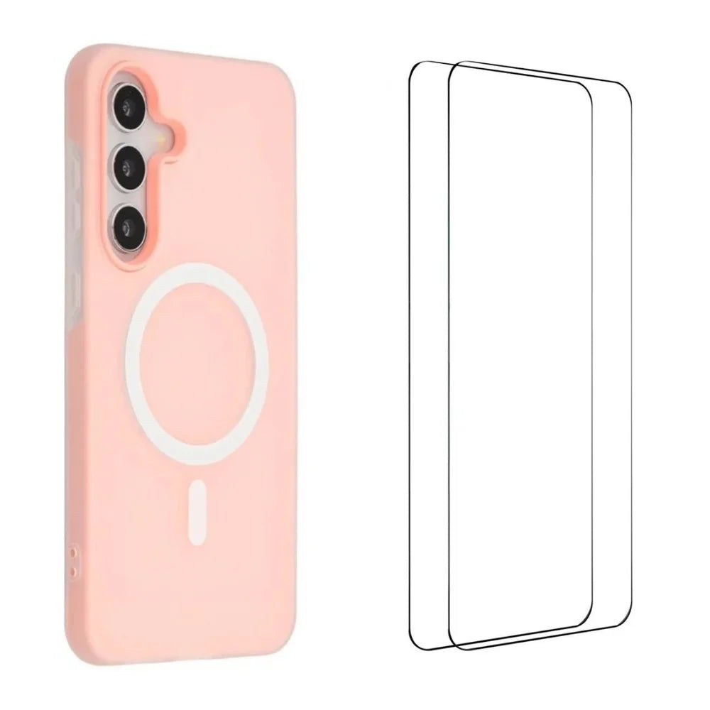 WANLONFENG For Samsung Galaxy S24 Magnetic Case  ML Series Matte PC TPU Phone Cover Large Cutouts with 2Pcs Screen Film - Pink - 1