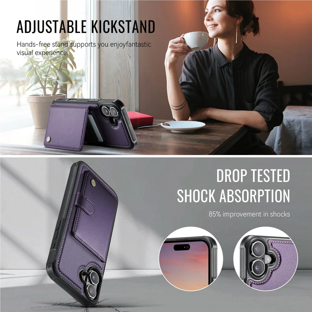 JEEHOOD For iPhone 17 Case  J09 RFID Blocking Card Holder Leather Back Phone Cover Compatible with MagSafe - Purple - 4