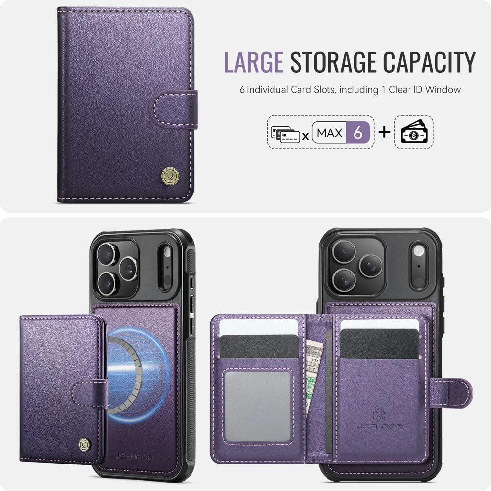JEEHOOD For iPhone 17 Pro Max Case  J09 RFID Blocking Card Holder Leather Back Phone Cover Compatible with MagSafe - Purple - 3