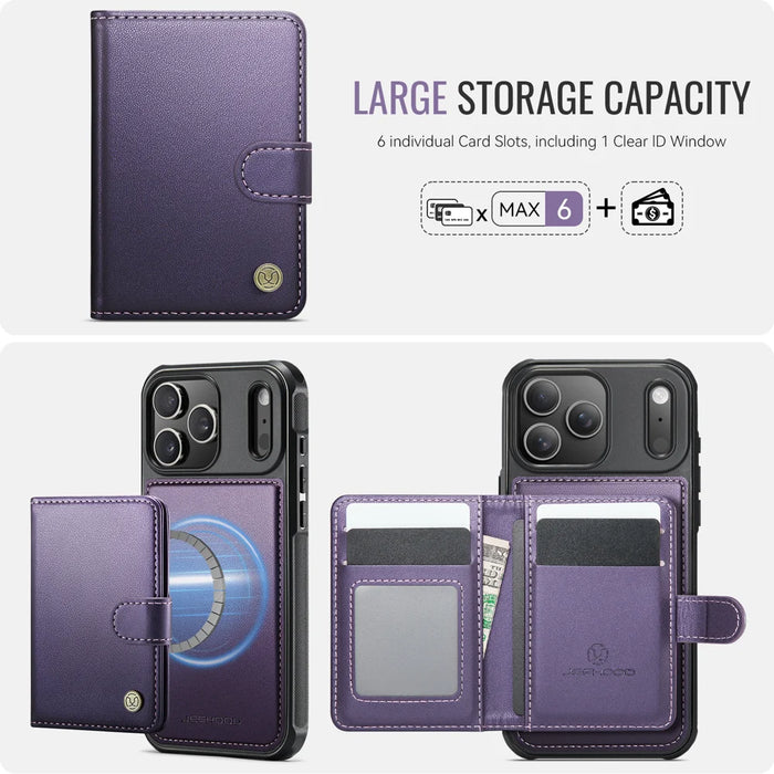 JEEHOOD For iPhone 17 Pro Max Case  J09 RFID Blocking Card Holder Leather Back Phone Cover Compatible with MagSafe - Purple - 3