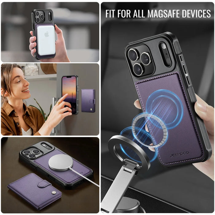 JEEHOOD For iPhone 17 Pro Max Case  J09 RFID Blocking Card Holder Leather Back Phone Cover Compatible with MagSafe - Purple - 6