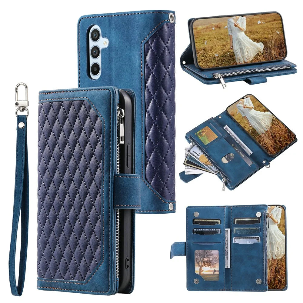 For Samsung Galaxy S26 Wallet Case Rhombus Stitching Line PU Leather Phone Cover with Wrist Strap - Blue - 1