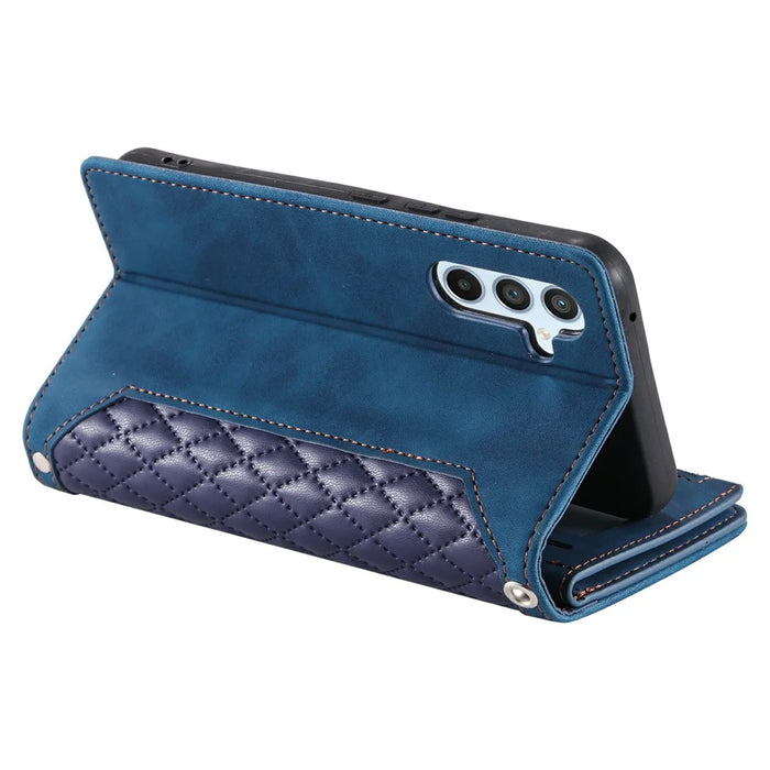For Samsung Galaxy S26 Wallet Case Rhombus Stitching Line PU Leather Phone Cover with Wrist Strap - Blue - 3