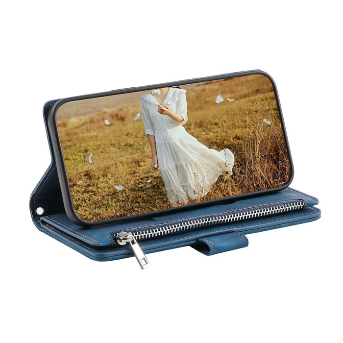 For Samsung Galaxy S26 Wallet Case Rhombus Stitching Line PU Leather Phone Cover with Wrist Strap - Blue - 4