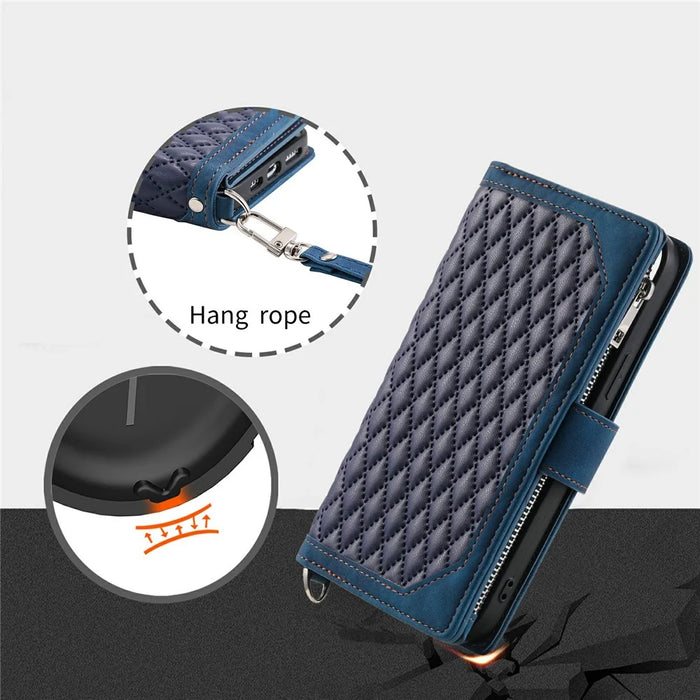 For Samsung Galaxy S26 Wallet Case Rhombus Stitching Line PU Leather Phone Cover with Wrist Strap - Blue - 6