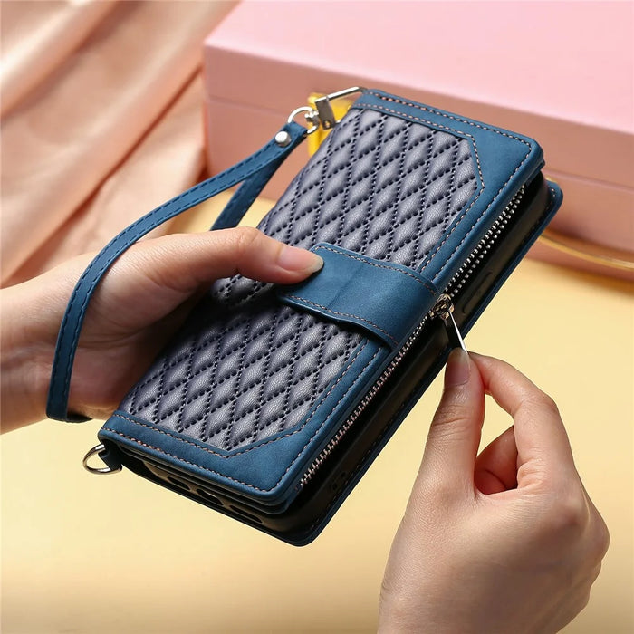 For Samsung Galaxy S26 Wallet Case Rhombus Stitching Line PU Leather Phone Cover with Wrist Strap - Blue - 7