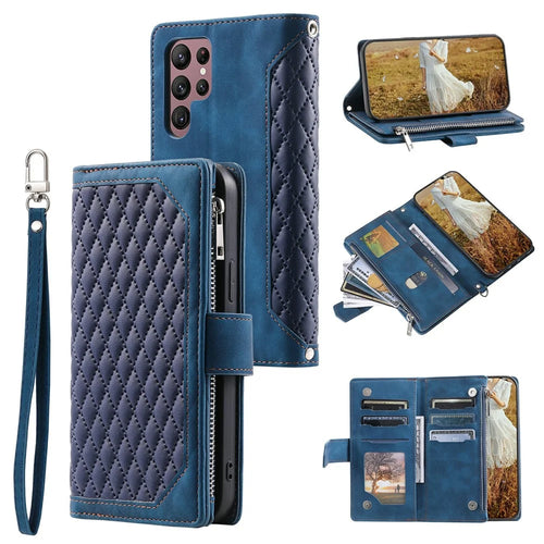 For Samsung Galaxy S26 Ultra Wallet Case Rhombus Stitching Line PU Leather Phone Cover with Wrist Strap - Brown - 1