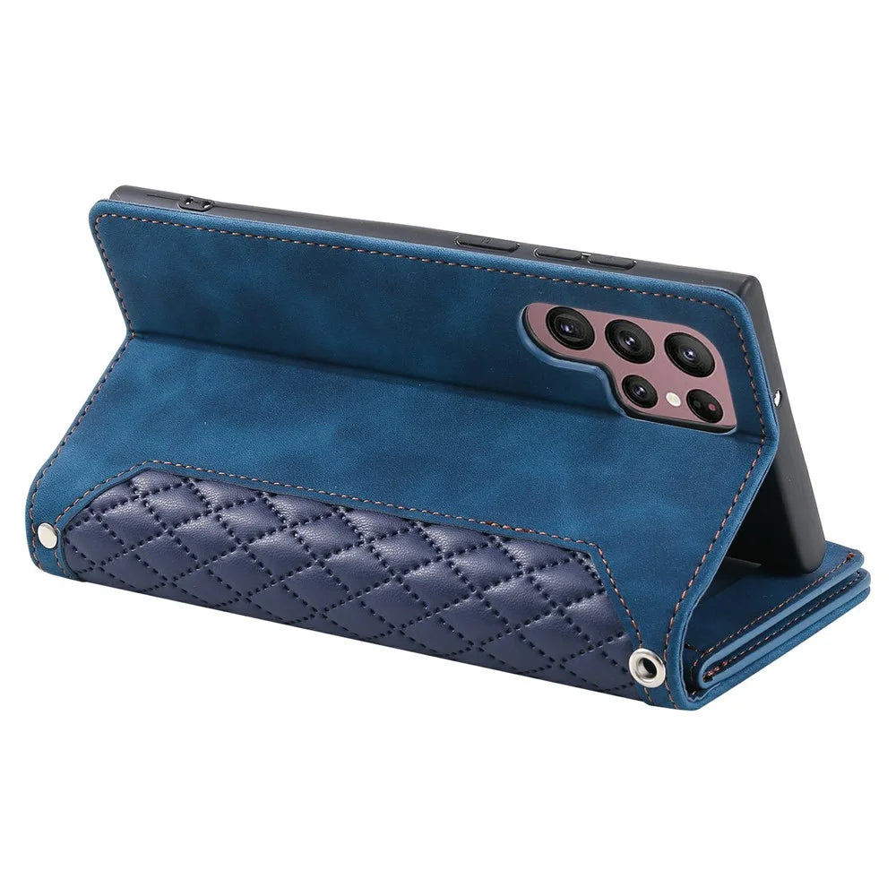 For Samsung Galaxy S26 Ultra Wallet Case Rhombus Stitching Line PU Leather Phone Cover with Wrist Strap - Brown - 3