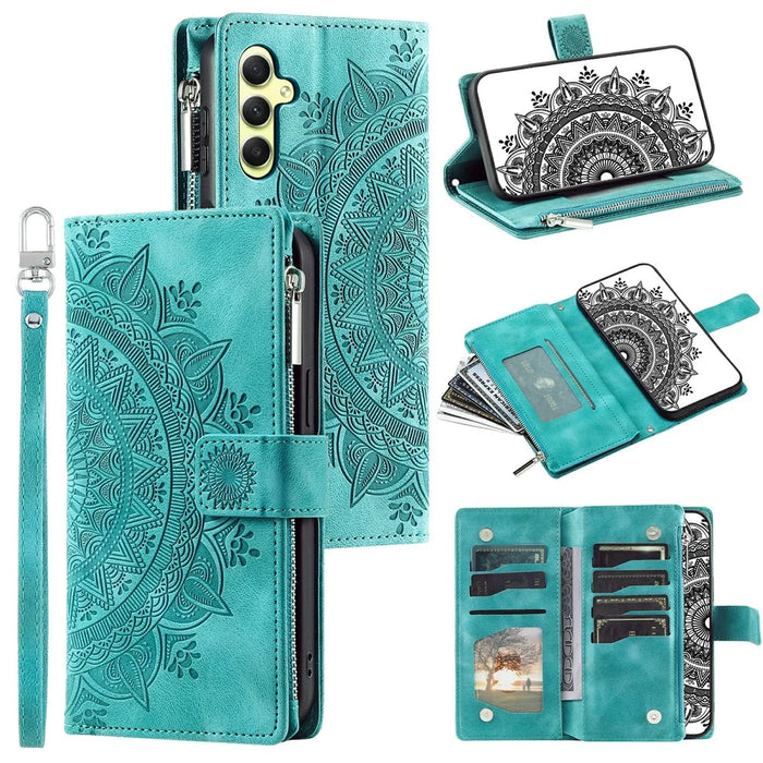 For Samsung Galaxy S26 Wallet Case Mandala Flower Pattern PU Leather Phone Cover with Wrist Strap - Mint Green - 1