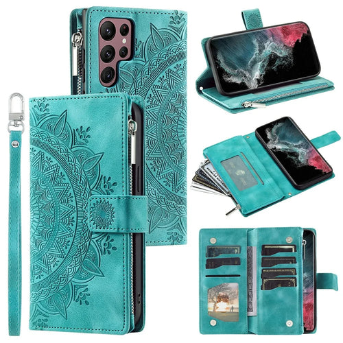 For Samsung Galaxy S26 Ultra Wallet Case Mandala Flower Pattern PU Leather Phone Cover with Wrist Strap - Mint Green - 1