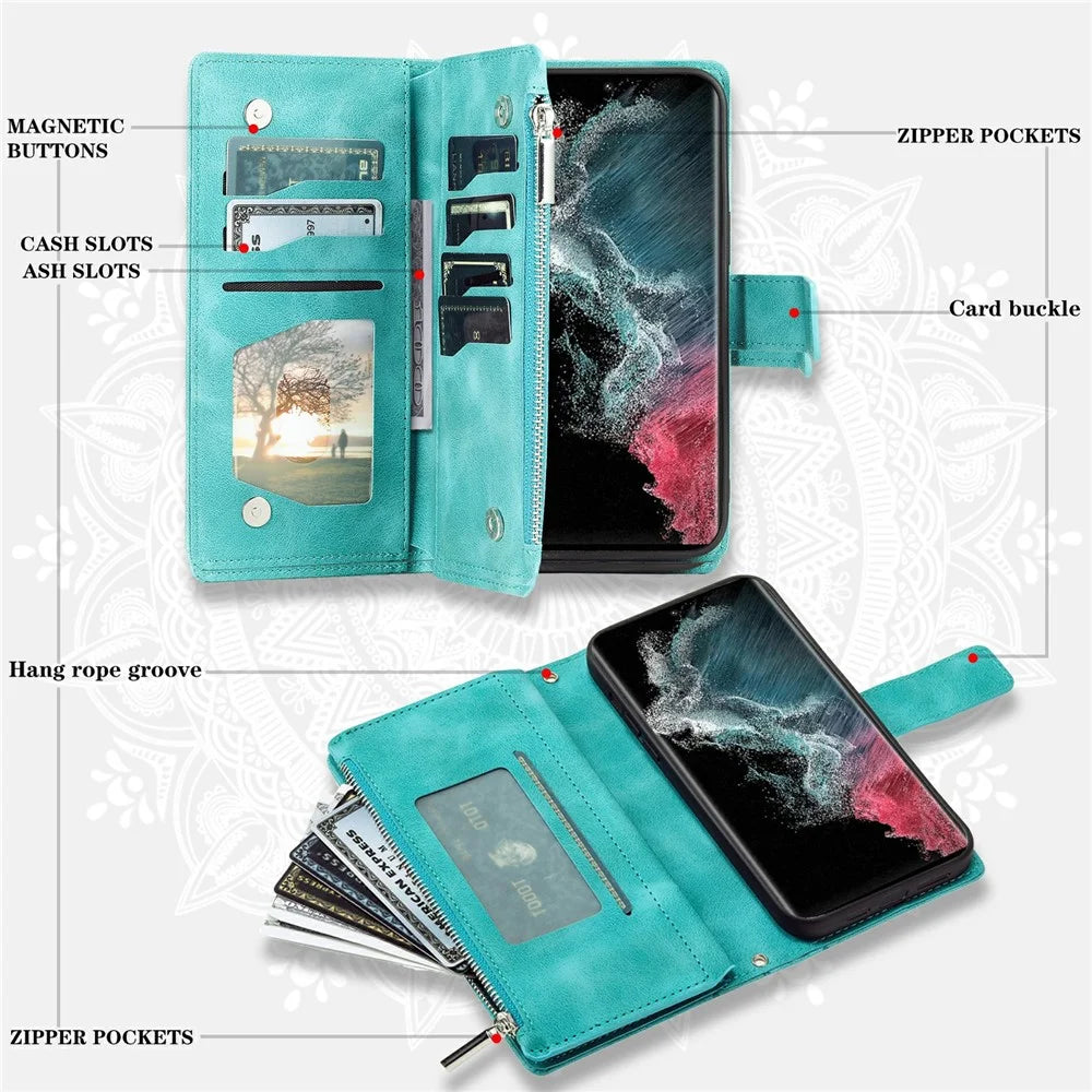 For Samsung Galaxy S26 Ultra Wallet Case Mandala Flower Pattern PU Leather Phone Cover with Wrist Strap - Mint Green - 7