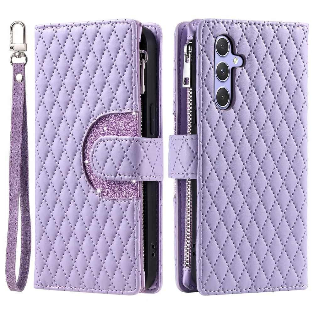 For Samsung Galaxy S26 Case Zipper Pocket Glitter Leather Phone Cover with Wrist Strap - Purple - 1