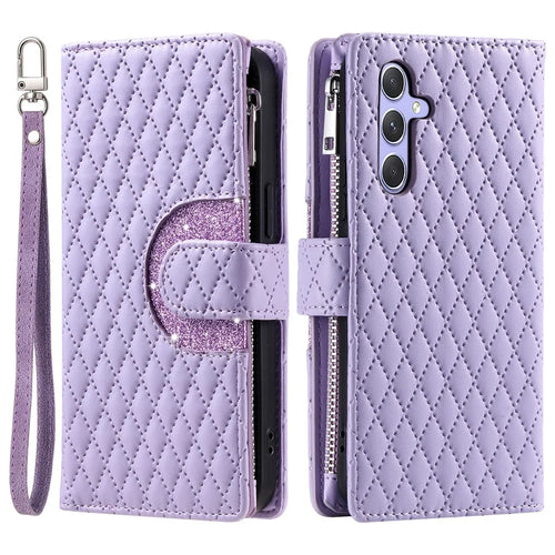 For Samsung Galaxy S26 Case Zipper Pocket Glitter Leather Phone Cover with Wrist Strap - Purple - 1