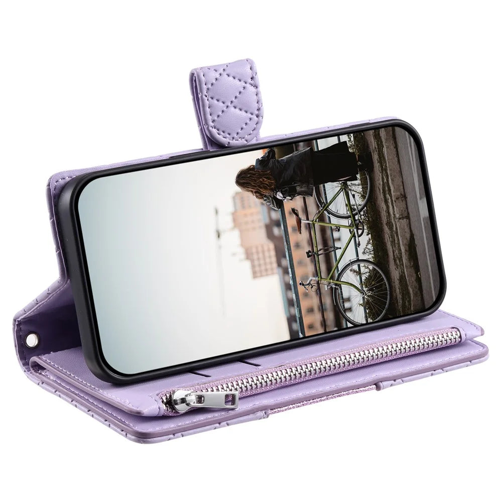 For Samsung Galaxy S26 Case Zipper Pocket Glitter Leather Phone Cover with Wrist Strap - Purple - 3